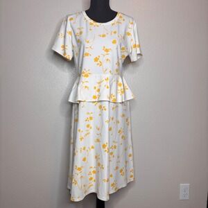 Sonnet James A Play Dress White Yellow Floral Peplum‎ Midi Size L